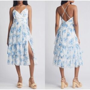 Lulus Cultivate Crushes White Floral Print M Tiered Ruffled Midi Dress Fairy NWT